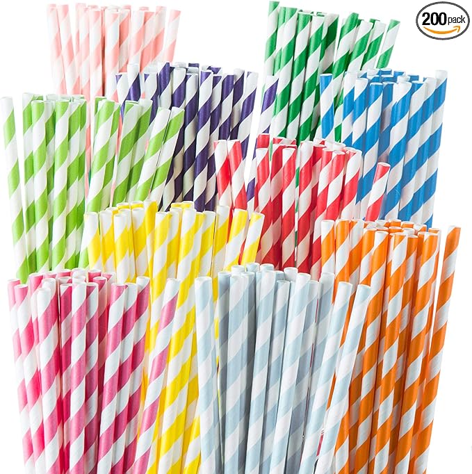 Weemium Paper Straws Disposable - 200 Pack - Durable & Non-Soggy Striped Paper Straws for Drinking in 10 Colors - 100% Biodegradable & Eco-Friendly for Parties, Events, Crafts & Everyday Use