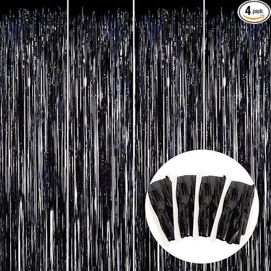 BEISHIDA 4 Pcs Black Door Streamers Tinsel Curtain Party Streamers Backdrop Fringe Foil Wall Background for Birthday Halloween Christmas Wedding Party Decoration(3.28 ft x 6.56 ft)