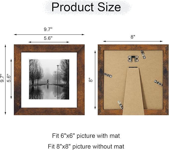 8x8 Picture Frame Set of 4 with HD Glass, Display 6x6 Pictures with Mat or 8 x 8 Without Mat, Rustic Wood Photo Frame for Wall Mount and Tabletop Display