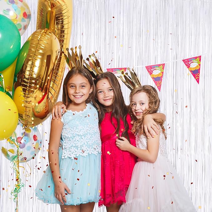 White Metallic Tinsel Foil Fringe Curtains, 2 Pack 3.3x8.3 Feet Streamer Backdrop Curtains for Birthday Party Decorations, Halloween Decor, Foil Curtain Backdrop for Bachelorette Party