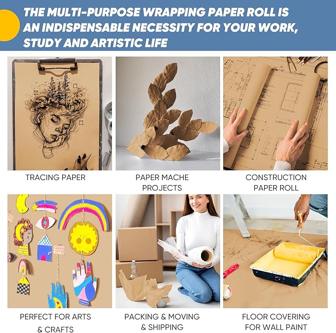 18"x3600" (300') Brown Craft Paper Roll, Bulletin Board Banner Construction Kraft Paper, Eid Bouquet Flower Decorative Gift Wrap, Kid Art Poster Packing Shipping Floor Covering Table Runner 70GSM 50LB