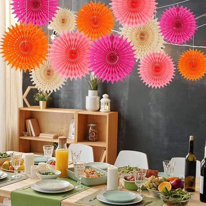 BestoFun 12PCS Paper Fans Peach and Hot Pink Party Decorations Tissue Paper Flowers Decorations for Girl Groovy Birthday Baby Shower Wedding Bachelorette Room Wall Hanging Décor