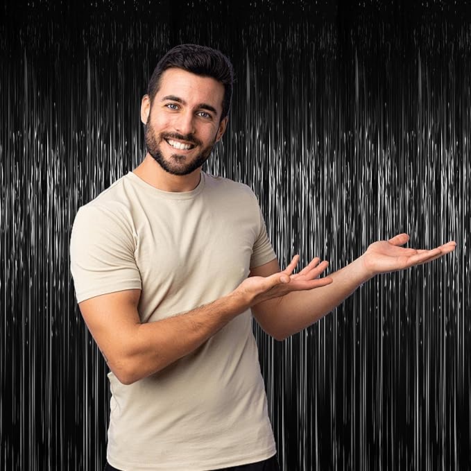 3 Pack 3.3 x 6.6 ft Black Foil Fringe Backdrop Curtains, Tinsel Streamers Party Decorations, Fringe Backdrop for Birthday, Baby Shower, Gender Reveal, Graduation
