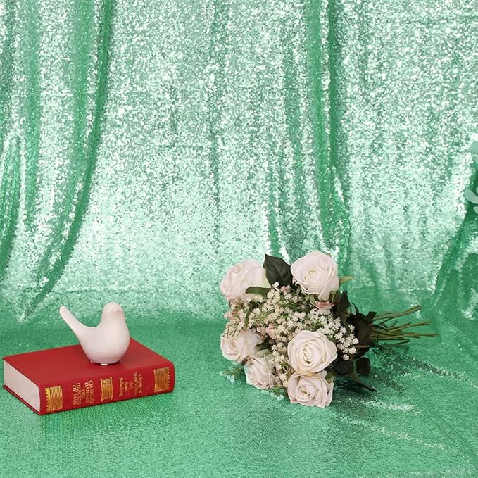 Eternal Beauty Mint Green Sequin Backdrop, 8x8 Ft Glitter Background Curtains for Shimmer Photography Party Wedding Birthday Back Drop Decor