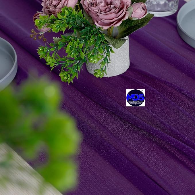 MDS 15 Pack 10ft Chiffon Table Runner 29 x 120 Inches Sheer Wedding Runner Romantic Rustic Table Runner for Wedding Decorations, Birthday Parties, Bridal Shower Party Arch Decor - Cadbury Purple