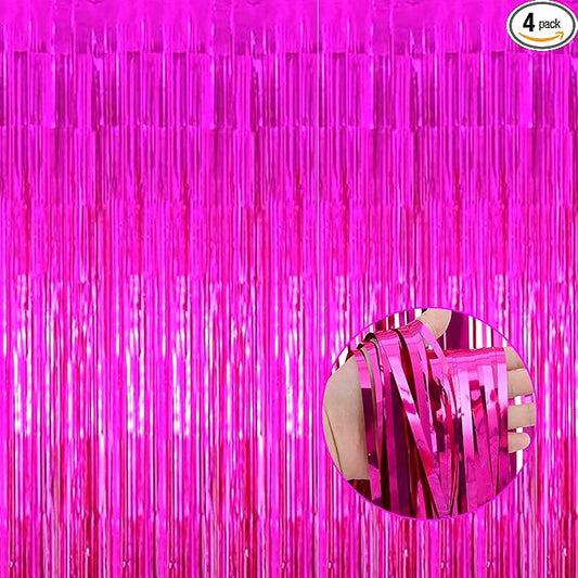 4 Pack Fuchsia Foil Fringe Curtain Backdrop,3.28Ft x 8.2Ft Metallic Tinsel Foil Fringe Streamer Curtains for Party,Photo Booth Props,Birthday,Graduation Decoration Party Supplies