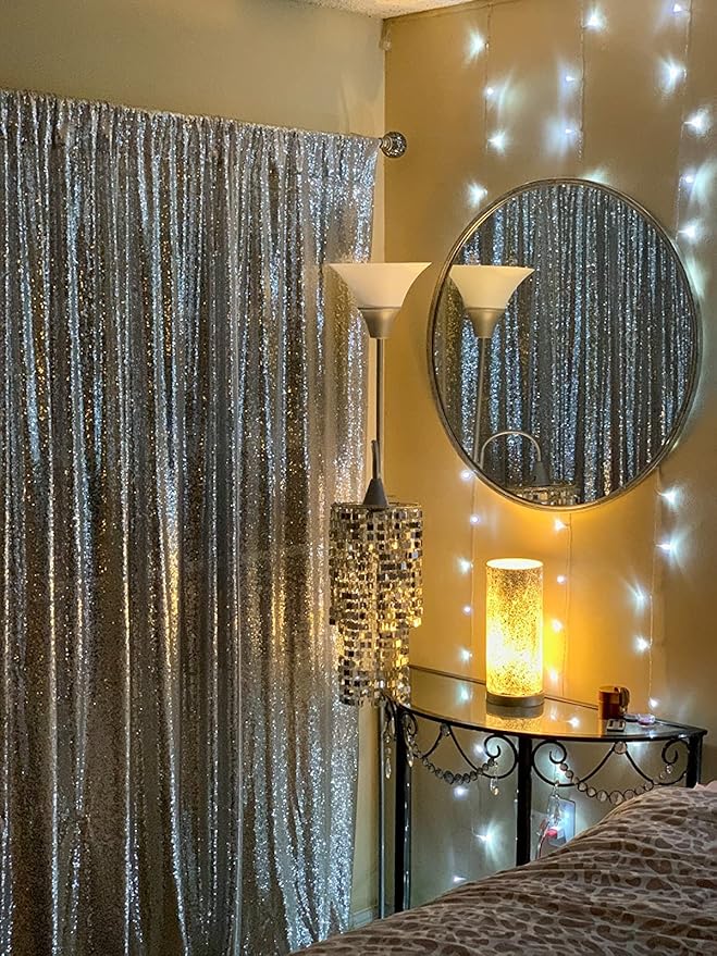 Silver Sequin Backdrop Curtains 1 Panel 8FTx8FT Wedding Photo Backdrop Drapes Glitter Birthday Bridal Party Curtains Sparkle Background Party Decor Curtains