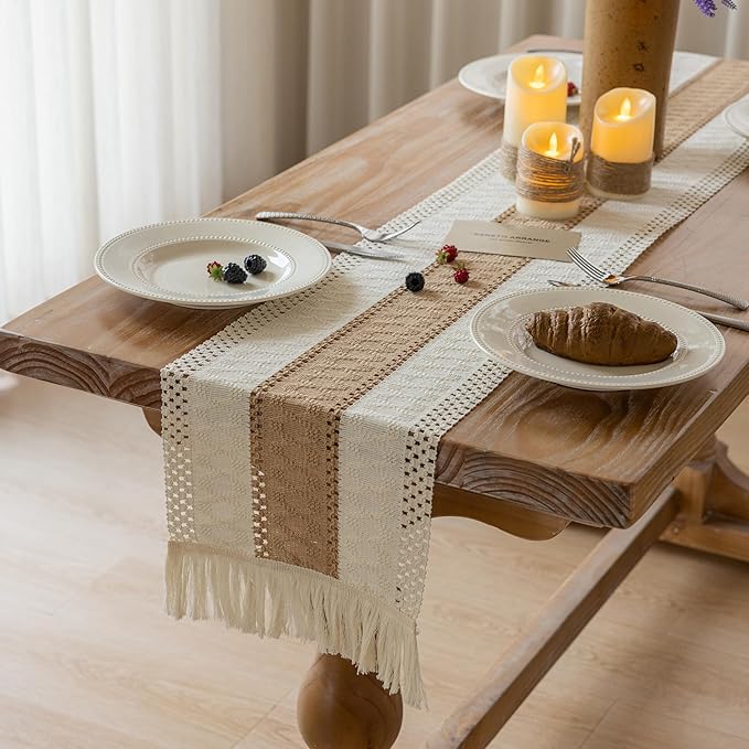Boho Table Runner Cream Beige Brown for Home Decor 12x48 Inches Farmhouse Macrame Burlap Jute Rustic Dining Kitchen Centerpiece Bohemian Decor French Country Bridal Shower Decorations
