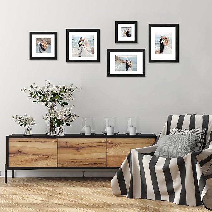 8x8 Picture Frames Set of 4 with High Definition Real Glass, Black Frames Display 6x6 Picture with Mat or 8x8 Without Mat, Wood Square 8 x 8 Photo Frame for Wall Mount and Tabletop Display