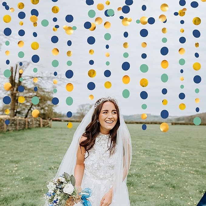 Blue Gold Green Decorations Circle Dots Garland Metallic Gold Navy Blue with Sage Green Hanging Polka Dot Streamer for Birthday Baby Shower Bridal Shower Wedding Bachelorette Engagement Party Supplies