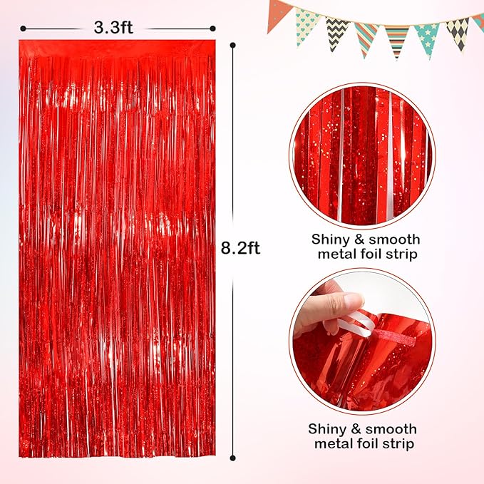 Red Metallic Tinsel Foil Fringe Curtains, 2 Pack 3.3x8.3 Feet Party Streamer for Birthday Party Decorations, Halloween Decor, Foil Curtain for Bachelorette Party