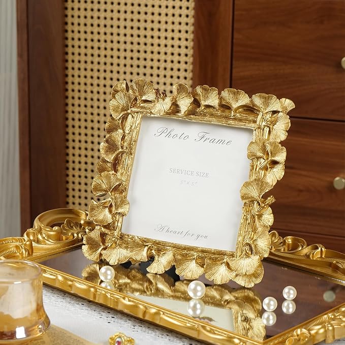 Cuspin Vintage Gold 5x5 Picture Frame, Gold Ornate Leaf Textured Hand-Crafted Resin with Glass Front, Antique Square Photo Frame for Tabletop Display, Retro Design Home Decor