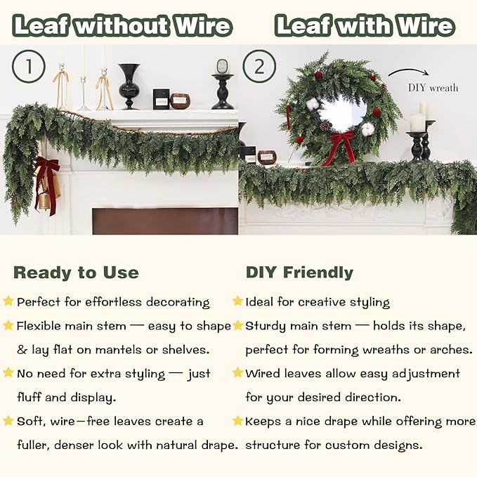 9FT 2PCS Artificial Cedar Garland for Christmas Decoration - Realistic Winter Greenery Garland for Mantel, Fireplace, Table, Door, Holiday Indoor Outdoor Decor