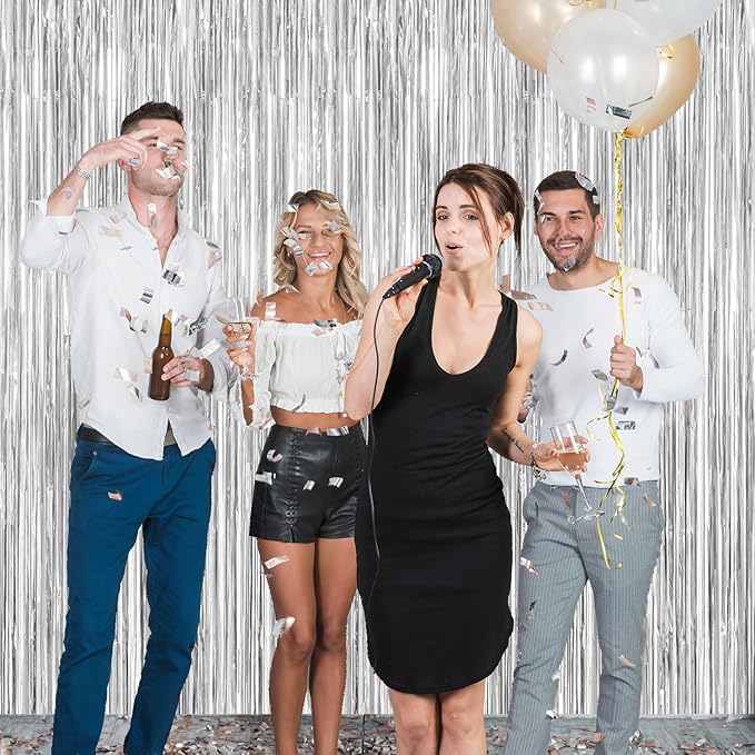 2 Pack Silver Christmas Streamers Party Decorations Silver Tinsel Backdrop Supplies Foil Curtain Backdrop for Baby Shower Birthday Bachelorette Wedding Engagement Holiday Halloween Party Decorations