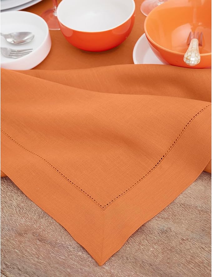 Solino Home Linen Pumpkin Tablecloth 60 x 108 Inch - Classic Hemstitch, 100% Pure Linen Rectangular Tablecloth - Machine Washable Table Cloth for Fall, Autumn, Halloween, Thanksgiving, Holiday