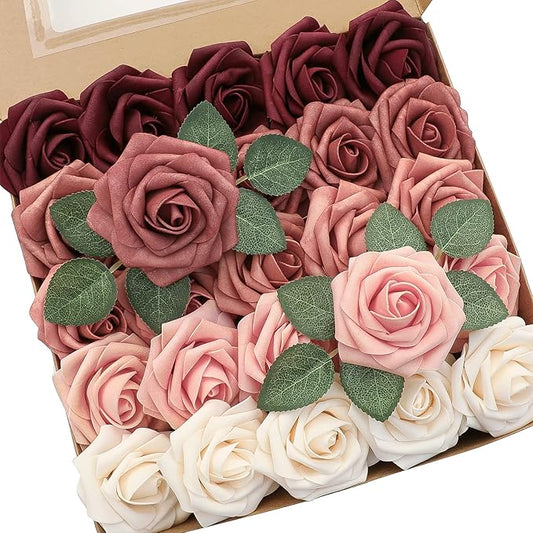 Floroom Artificial Flowers 25pcs Real Looking Burgundy Ombre Colors Foam Fake Roses with Stems for DIY Red Wedding Bouquets Bridal Shower Centerpieces Floral Arrangements Party Tables Home Decorations