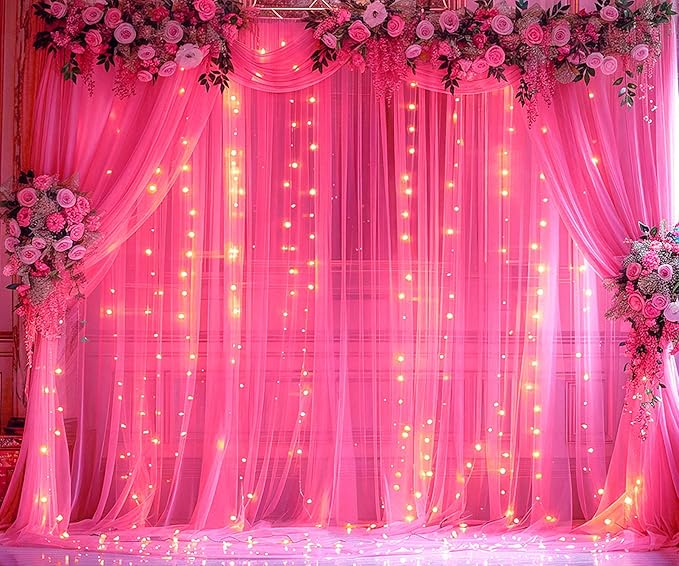 Hot Pink Tulle Backdrop Curtain with Lights String for Parties 30x8ft Fuchsia Sheer Backdrop Curtains for Weddings Birthday Party Baby Shower Photo Shoot Background Decorations(6 Panels 5ft×8ft)