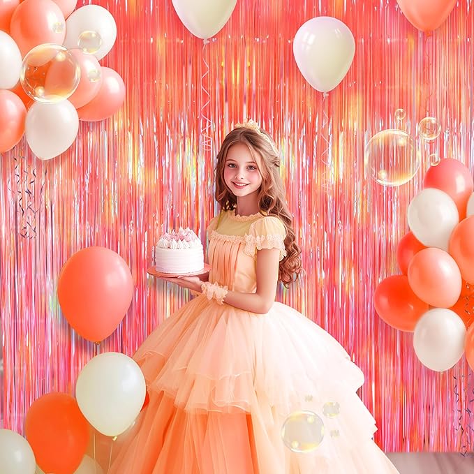 2 Pack Orange Party Streamers Backdrop Curtains, 3.3x8.2ft Holographic Tinsel Foil Curtain Photo Booth Props for Birthday, Wedding, Holiday Celebration, Bachelorette, Theme Decorations
