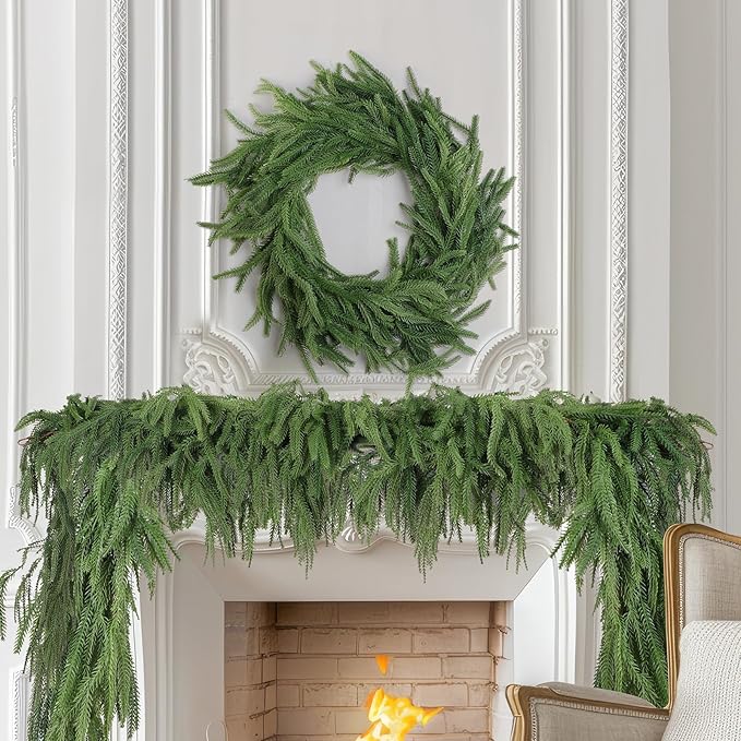 2 Pack Christmas Norfolk Pine Garlands 6FT, Real Touch Artificial Greenery Garland – Full Evergreen Pine Garland for Mantle, Fireplace, Table, Wall, Stairs & Outdoor Holiday Décor