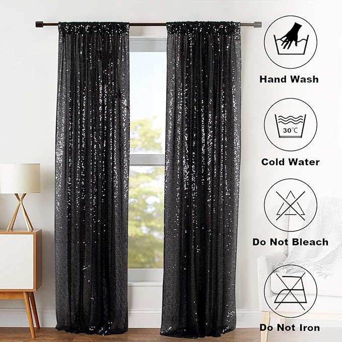 ShinyBeauty Sequin Curtains 2 Panels Black 2FTx8FT Sequin Photo Backdrop Black Sequin Backdrop Curtain Pack of 2-1011E