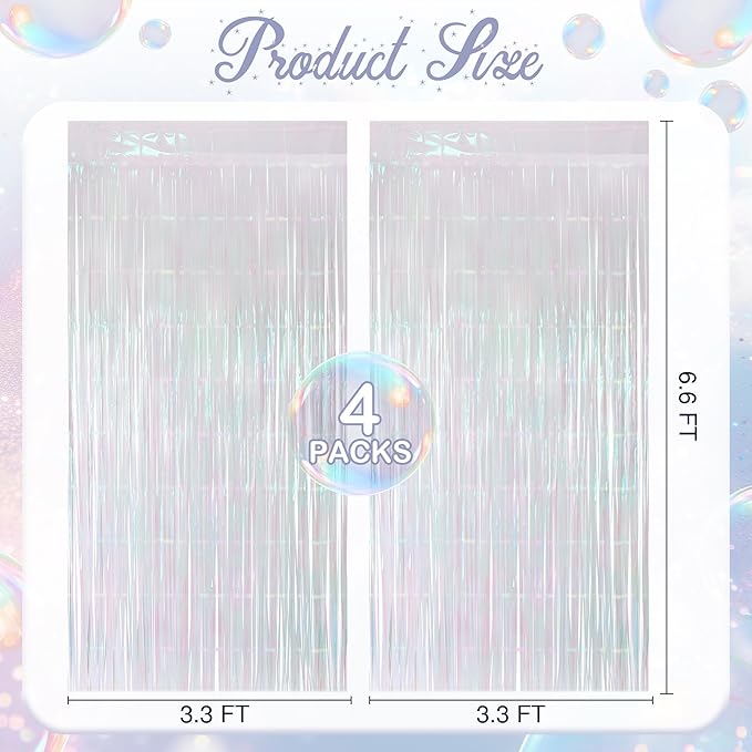 4 Pack White Party Streamers Backdrop Curtains, 3.3x8.2ft Holographic Tinsel Foil Curtain Photo Booth Props for Birthday, Wedding, Holiday Celebration, Bachelorette, Theme Decorations