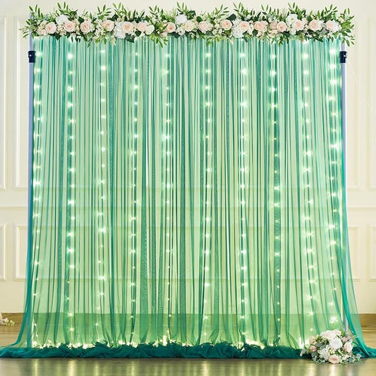 Hunter Green Tulle Backdrop Curtains with Lights String for Parites 10x8ft Sheer Backdrop Curtains Drapes for Birthday Party Bridal Shower Baby Shower Photo Booth Background Decorations