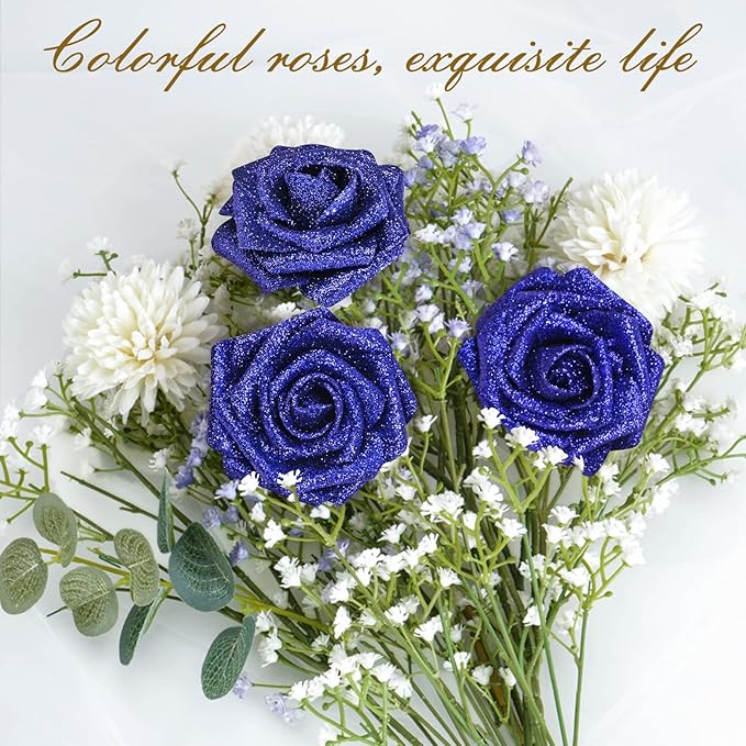 BLEUM CADE 36Pcs Artificial Flowers Fake Roses with Stems, Blue Glitter Boxed Foam Roses for DIY Bouquets Centerpieces Wedding Party Arrangement Bridal Shower Decor