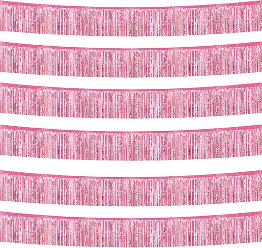 6 Pack 10 Feet Foil Fringe Garland Metallic Tinsel Streamers Banner Wall Hanging Curtain Backdrop Banner for Parade Floats, Thanksgiving, Christmas, Birthday, Halloween Party Decorations(Pink)