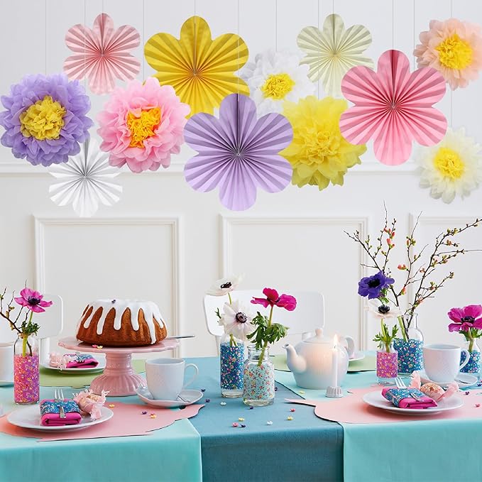 BestoFun 12PCS Paper Flowers Fans Colorful Party Decorations Tissue Paper Flowers Decorations for Girl Groovy Birthday Baby Shower Wedding Bachelorette Room Wall Hanging Décor