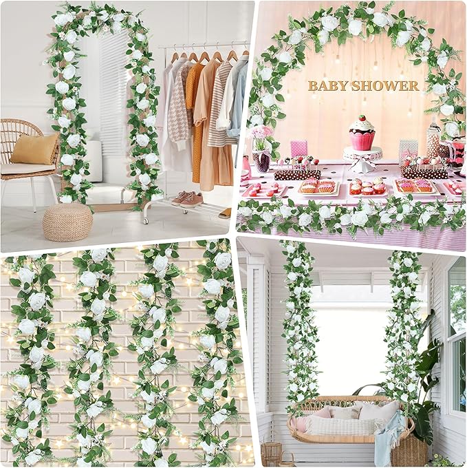 Naidiler Full Pretty White Rose Garland, 6.2FT Artificial Floral Vines Spring White Flower Garland for Wedding Arch Table Centerpiece Decor Home Backdrop Wall Valentines Decoration