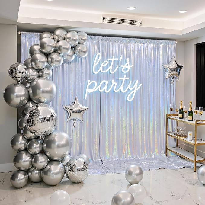 gogoparti 10x10FT Laser Silver Sequin Backdrop Curtain - 2 Panels of 5x10FT Wrinkle-Free Glitter Drapes for Photography, Birthdays, Weddings & Graduations