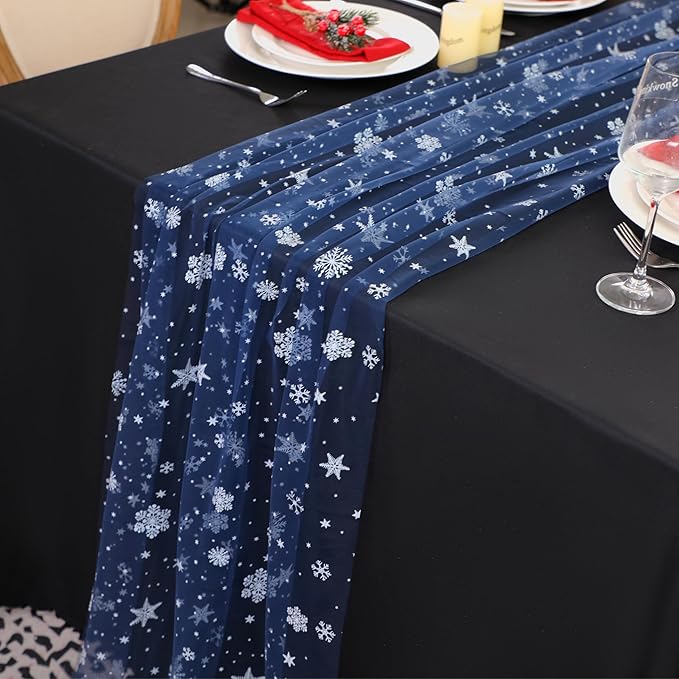 Snowkingdom Christmas Table Runner, Navy Blue Snowflake Cheesecloth Sheer Chiffon Gauze Table Runner, 120 Inch Seasonal Winter Holiday Kitchen Dining Decorations for New Year Home Party Decor