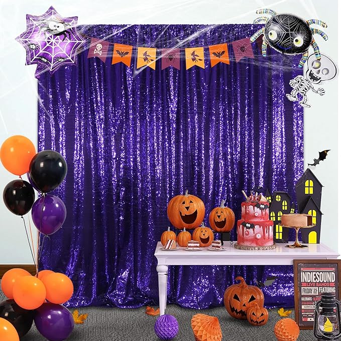 SquarePie Sequin Backdrop Less Transparent Background Sparkly Curtain for Wedding Halloween Party 6FT x 8FT Purple