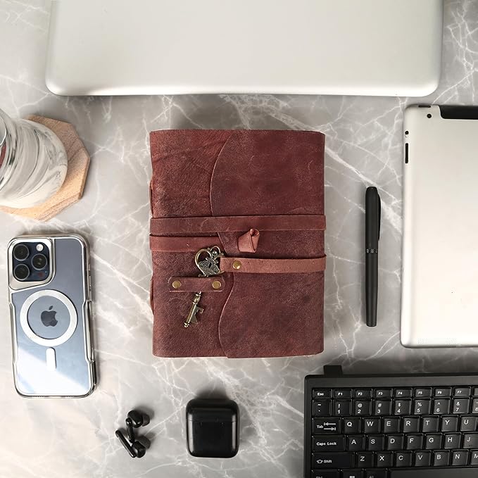 Leather Journal with Deckle Edge Paper 7x5 inch and Vintage Key | Handmade Writing Notebook Diary | Bound Daily Notepad for Men & Women Medium, Sketch/Writing pad for Artists (Brown)
