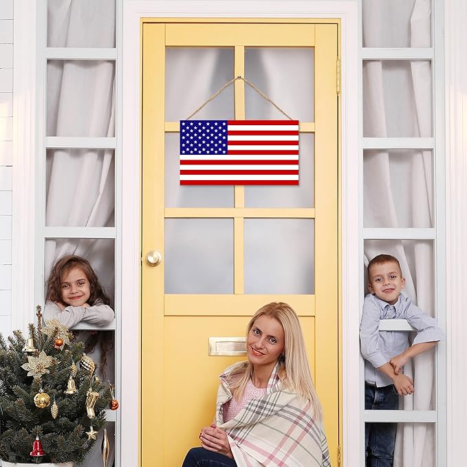 American Flag Door Hanging Sign，Farmhouse Patriotism Artwork Decorations Signs, Framed Indoor Outdoor Decorative Art Ornament for July 4th Independence Day, New Year, Holiday Party, Birthday