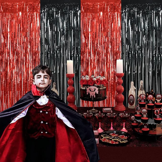 BEISHIDA 4 Pcs Red and Black Door Streamers Foil Curtain Red and Black Party Decoration Backdrop for Casino Theme Scream Halloween Supplies Graduation Birthday Party Decorations (3.28 ft x 6.56 ft)