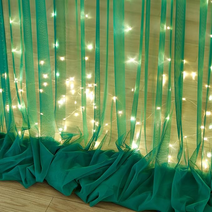 Hunter Green Tulle Backdrop Curtains with Lights String for Parites 10x8ft Sheer Backdrop Curtains Drapes for Birthday Party Bridal Shower Baby Shower Photo Booth Background Decorations