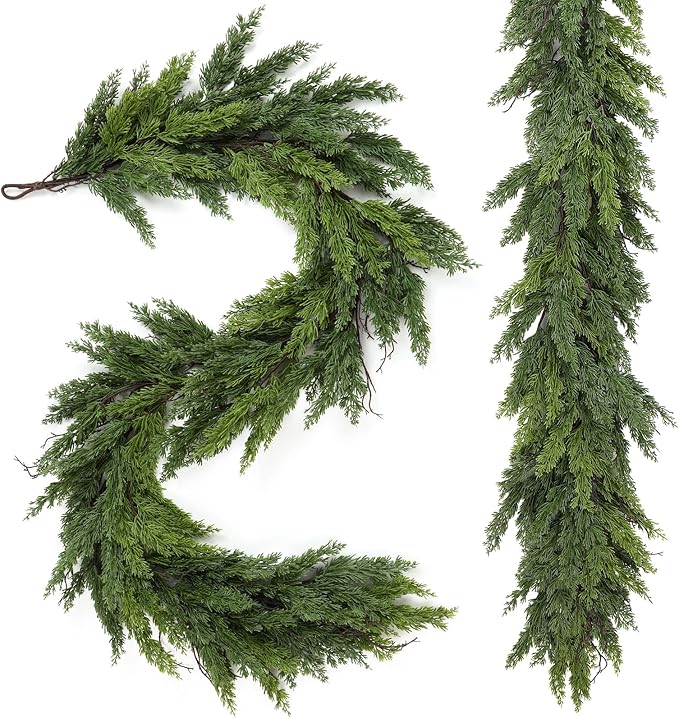 2PCS 9FT Artificial Christmas Garland, Cedar Garland -Real Touch Greenery Cypress Pine Garland for Mantle Table Railing Fireplace Indoor & Outdoor Christmas Decorations