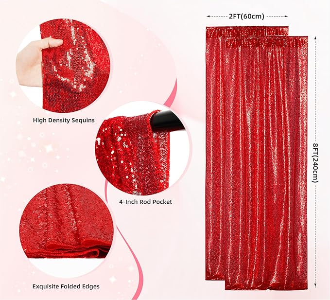 Juya Delight Red Sequin Backdrop Curtains 2Pcs 2ftx8ft Glitter Photography Backdrop for Party Shimmer Back Drapes Birthday Valentine Decorations