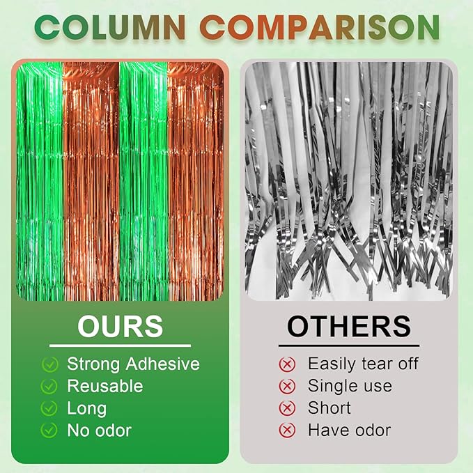 3 Pack 3.3 x 8.2 ft Green and Brown Foil Fringe Backdrop Curtains, Tinsel Streamers Party Decorations, Fringe Backdrop, Door Shimmer for Super Bowl or Birthday Party