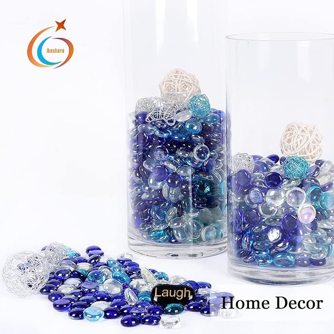 5LB Fire Glass Beads Flat Glass Marbles for Outdoor Fire Pit and Fireplace, Glass Gemstones for Vase Filler, Aquariums, Hydroponics Plants, Home Decor and Christmas DIY Craft, Blue Mixed