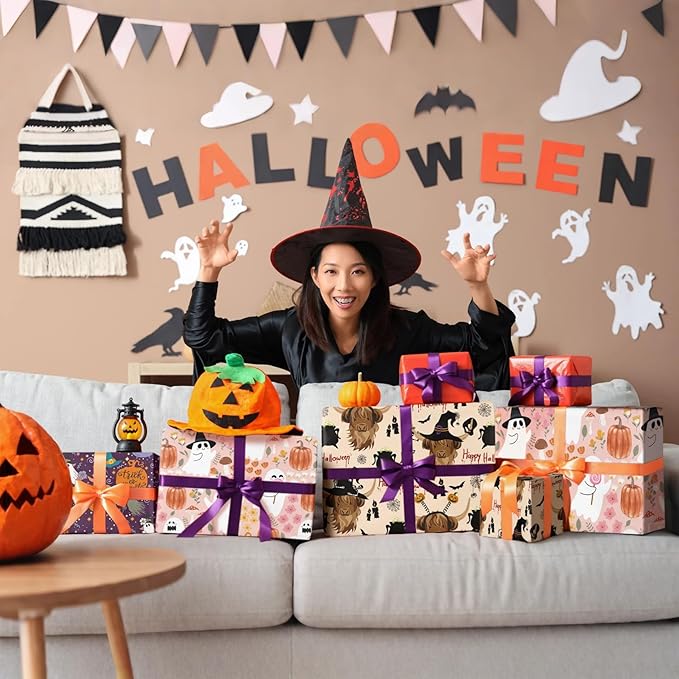 LeZakaa Purple Halloween Wrapping Paper Roll, Cute Trick-or-Treat Ghosts Pumpkins Witch Hats Gift Wrap for Kids Teens Adults, Halloween Decor, Party Favors, Mini Roll 17 in x 16.4 Ft