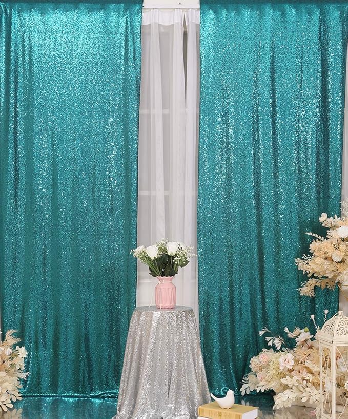 Poise3EHome Teal Sequin Backdrop Curtains, 2 PCS 5FT x 10FT Sequin Panels for Backdrop,Sequence Wedding Party Background Drapes