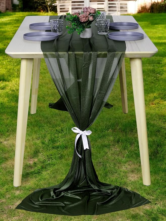 MDS Halloween Chiffon Table Runner - 20 Pack, 29 x 170 Inches, 14ft Each - Sheer Spooky Table Runners for Haunted House Parties, Trick-or-Treat Tables, Witchy Décor, Wedding & Events - Olive Green
