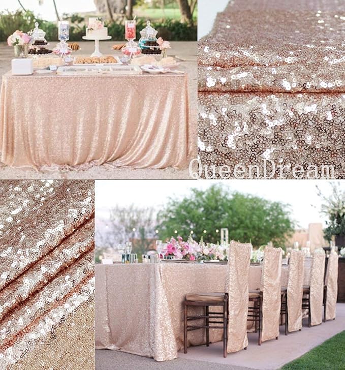 QueenDream Sequin Tablecloth 90"x132" Champagne Blush Party Tablecloth Rectangular Seamless Sequin Table Cloth Glitter Wedding Birthday Bridal Shower Decorations