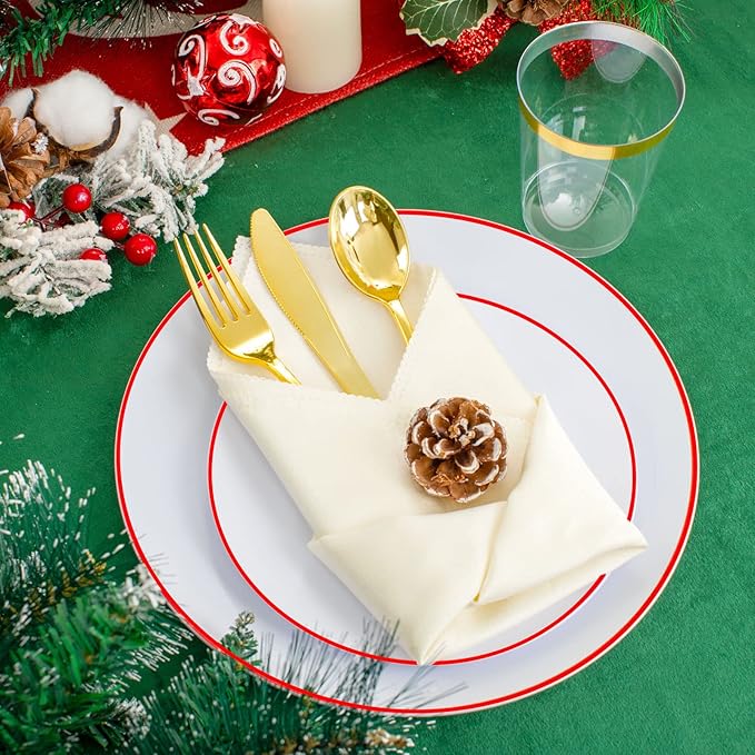 Supernal 350pcs Christmas Plastic Dinnerware Set,Christmas Plastic Plates,Gold Plastic Silverware,Gold Plastic Cups,Plastic Plates with Christmas Tree Design Suit for 50 Guests Perfect for Christmas