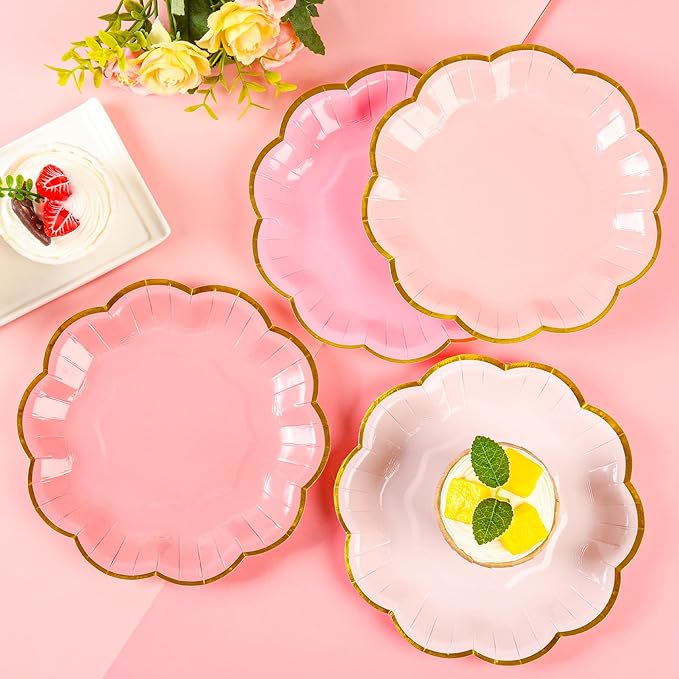 Pink Party Plates Gradient Pink Dessert Paper Plates 7inch Gold Foil Scalloped Edge Disposable Cake Plates for Tea Party Birthday Bridal Baby Shower Wedding Party Supplies (48)