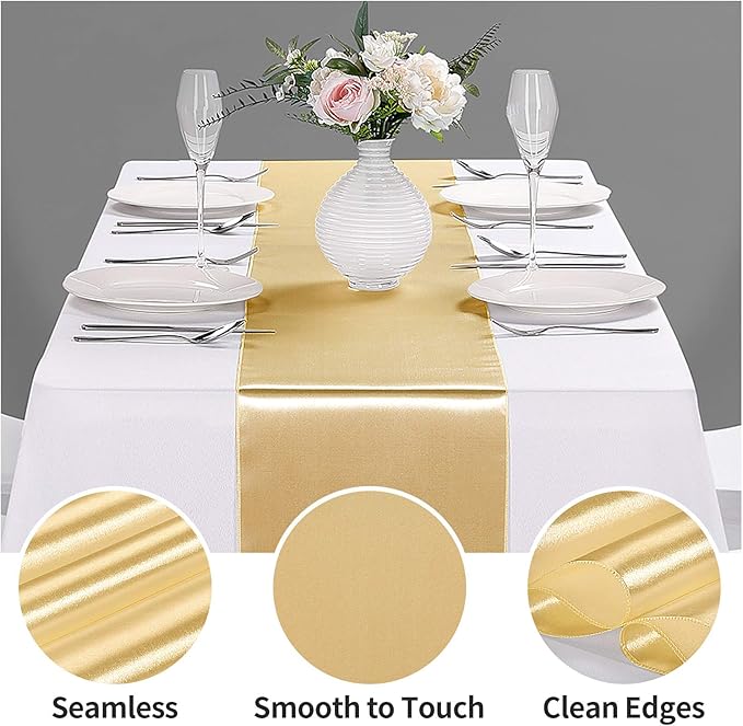 10-Pack Satin Table Runner Light Gold 12 x 108 inches Long, Table Runners for Wedding, Birthday Parties, Banquets Decorations（10 Pack, 12x108 Inch, Light Gold）