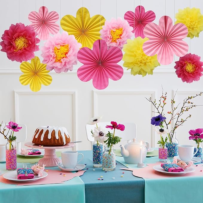 BestoFun 12PCS Paper Flowers Fans Hot Pink Yellow Party Decorations Tissue Paper Flowers Decorations for Girl Groovy Birthday Baby Shower Wedding Bachelorette Room Wall Hanging Décor