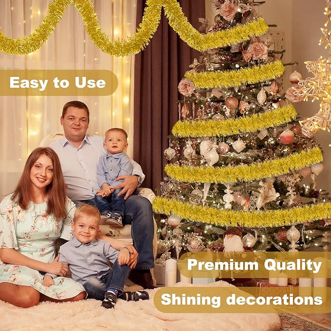 25 Feet Gold Christmas Tinsel Garland, Metallic Foil Twist Banner Wall Hanging Tinsel Streamers Backdrop for Parade Floats, Christmas, Mother's Day, Birthday Party Decorations(4in x 25ft)